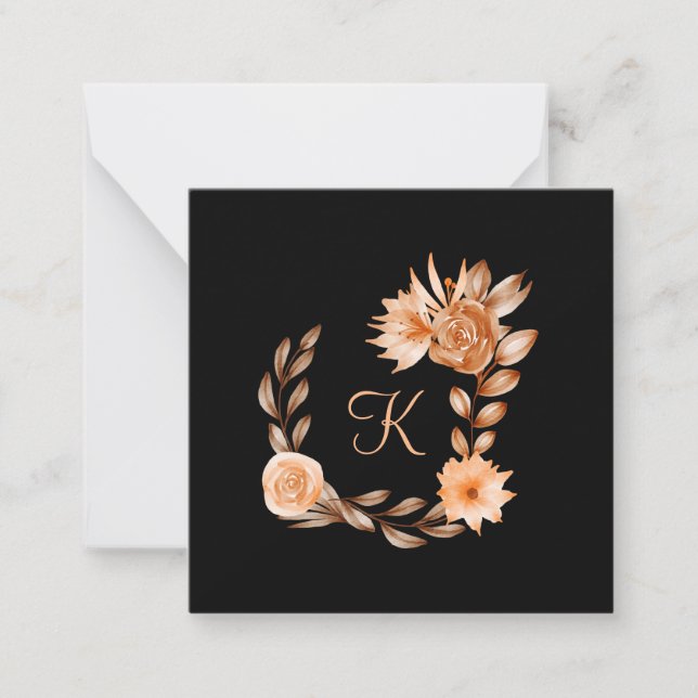 Monogrammed Black Brown and Peach Floral  Card (Front)