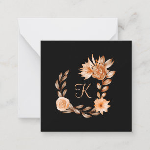 Monogrammed Black Brown and Peach Floral  Card