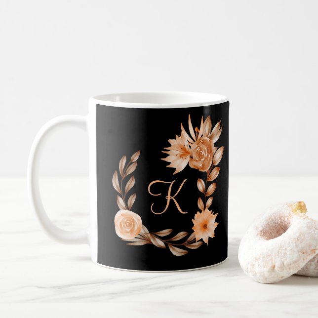 Monogrammed Black Brown and Peach Floral Coffee Mug (With Donut)