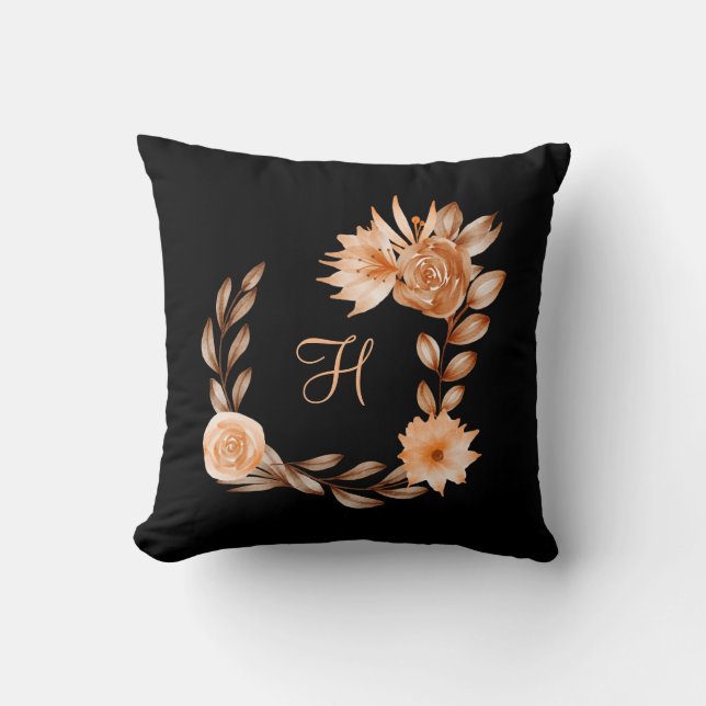 Monogrammed Black Brown and Peach Floral Cushion (Front)