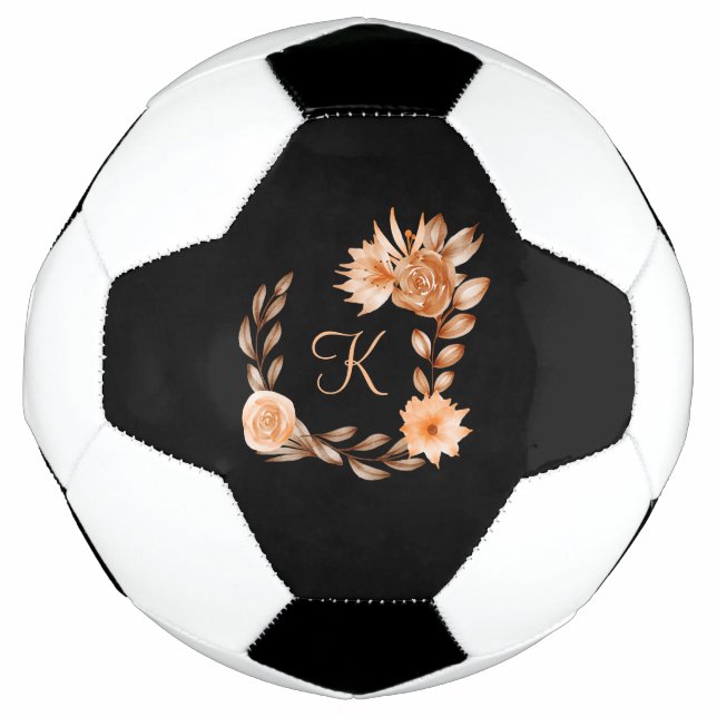 Monogrammed Black Brown and Peach Floral Football (Front)