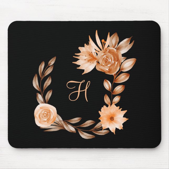 Monogrammed Black Brown and Peach Floral Mouse Mat (Front)
