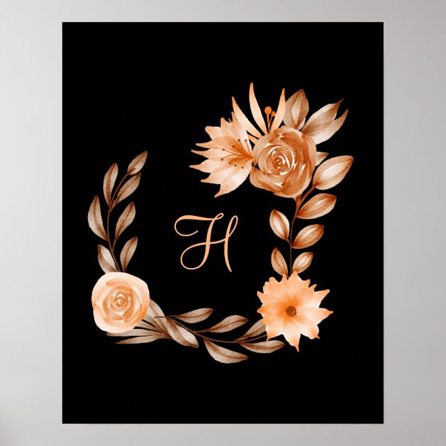 Monogrammed Black Brown and Peach Floral  Poster (Front)
