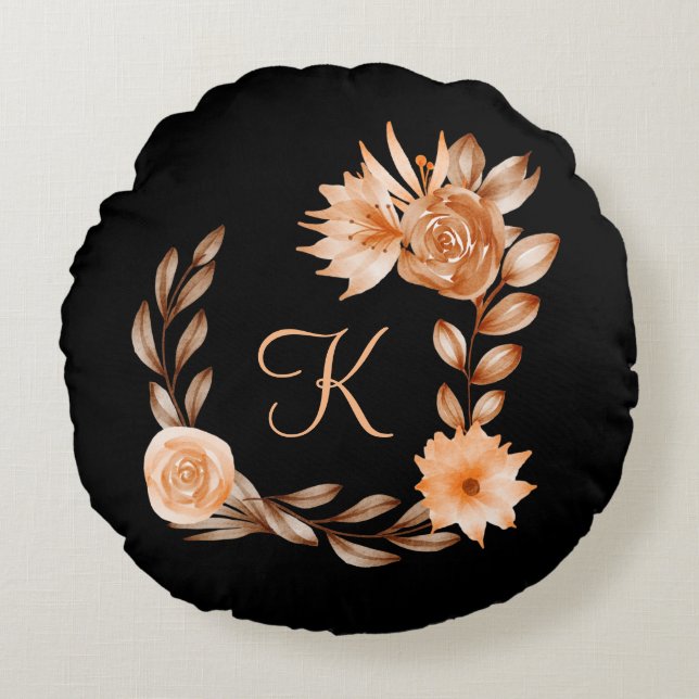 Monogrammed Black Brown and Peach Floral  Round Cushion (Front)