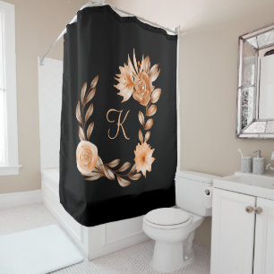 Monogrammed Black Brown and Peach Floral  Shower Curtain
