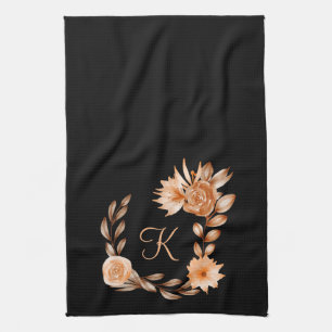 Monogrammed Black Brown and Peach Floral  Tea Towel