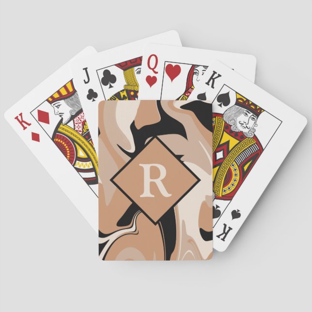 Monogrammed Black Brown Cream Marble Swirl Pattern Playing Cards (Back)