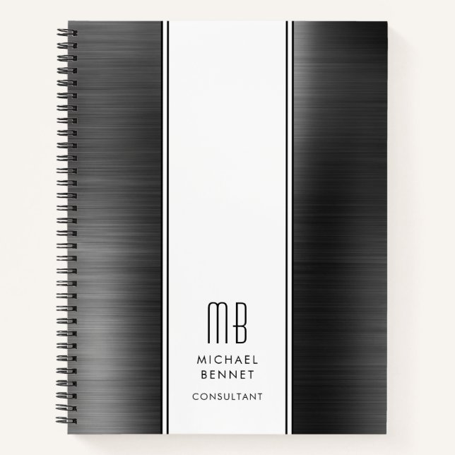 Monogrammed Black Brushed Metallic Business Notebook (Front)