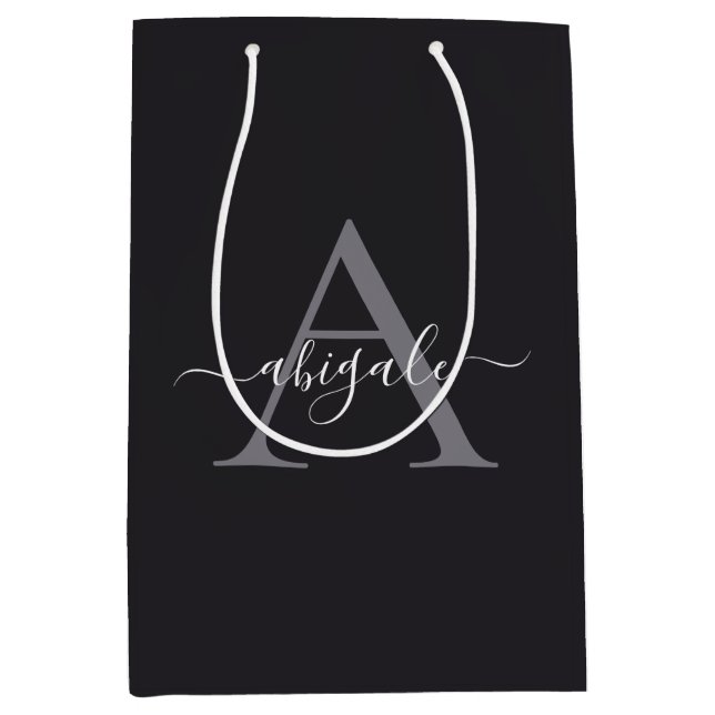 Monogrammed Black Charcoal Grey | Minimal Elegant Medium Gift Bag (Front)