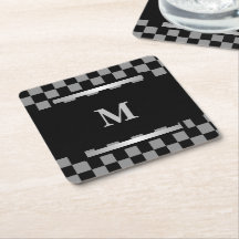 Monogrammed Black Checkered Paper Coaster