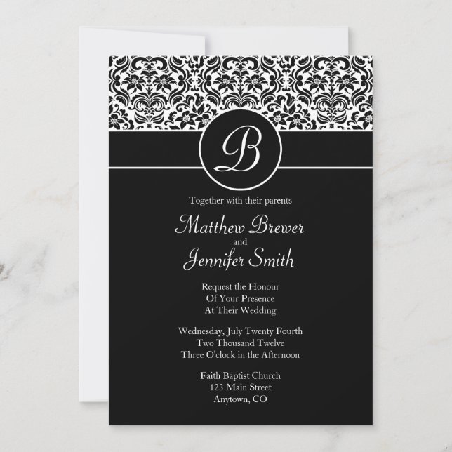 Monogrammed Black Damask Custom Wedding Invitation (Front)