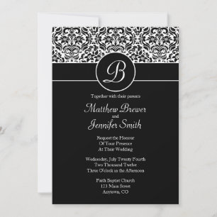 Monogrammed Black Damask Custom Wedding Invitation