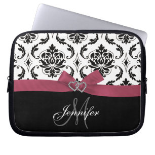 Monogrammed Black Damask Pink Bow Diamond Hearts Laptop Sleeve