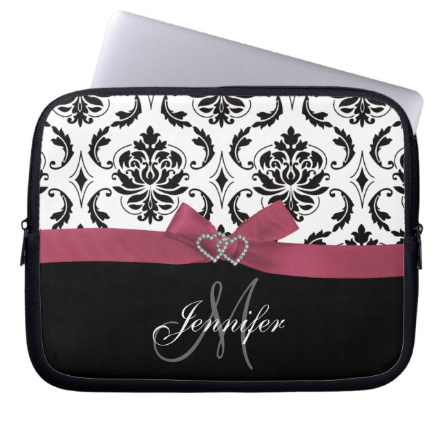 Monogrammed Black Damask Pink Bow Diamond Hearts Laptop Sleeve (Front)