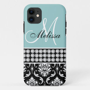 Monogrammed Black Damask Printed Diamonds Blue iPhone 11 Case