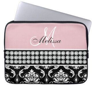 Monogrammed Black Damask Printed Diamonds Pink Laptop Sleeve