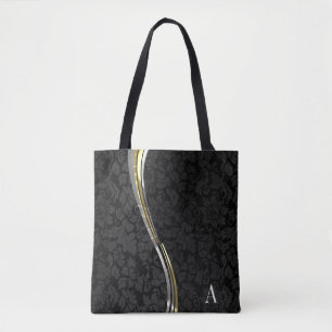 Monogrammed Black Damask Wave Stripes Tote Bag