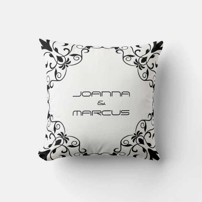 Monogrammed Black Floral Frame Cushion (Front)