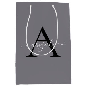 Monogrammed Black Fossil Grey   Minimal Elegant Medium Gift Bag