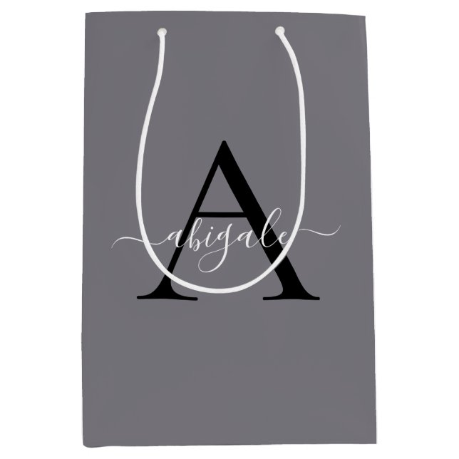 Monogrammed Black Fossil Grey | Minimal Elegant Medium Gift Bag (Front)