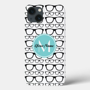 Monogrammed Black Glasses Aqua Personalised Name iPhone 13 Case