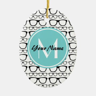 Monogrammed Black Glasses Aqua Personalised Name Ceramic Tree Decoration