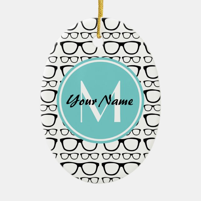 Monogrammed Black Glasses Aqua Personalised Name Ceramic Tree Decoration (Front)