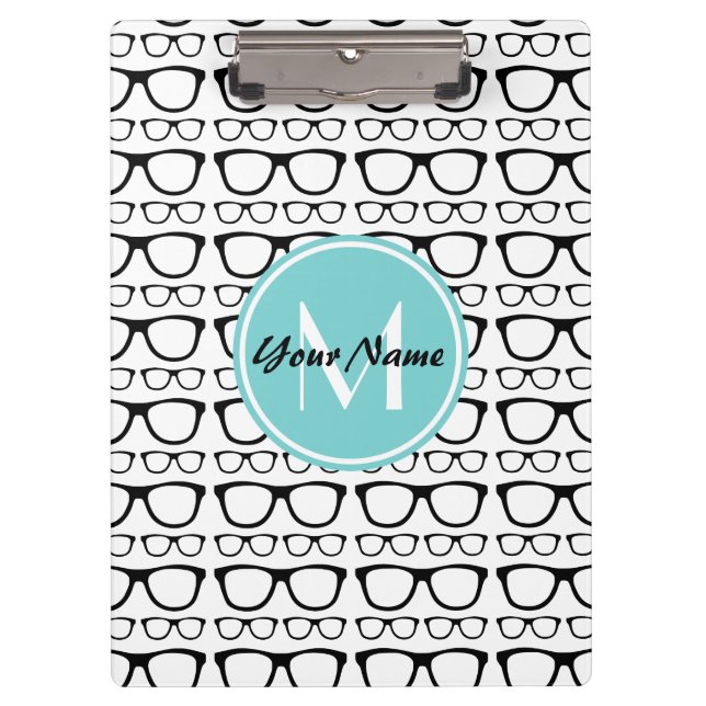 Monogrammed Black Glasses Aqua Personalised Name Clipboard (Front)