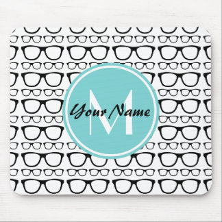 Monogrammed Black Glasses Aqua Personalised Name Mouse Mat