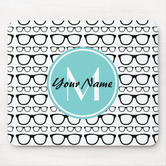 Monogrammed Black Glasses Aqua Personalised Name Mouse Mat (Front)