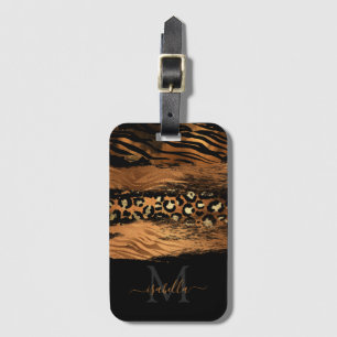 Monogrammed Black Gold Elegant Script Copper Luggage Tag