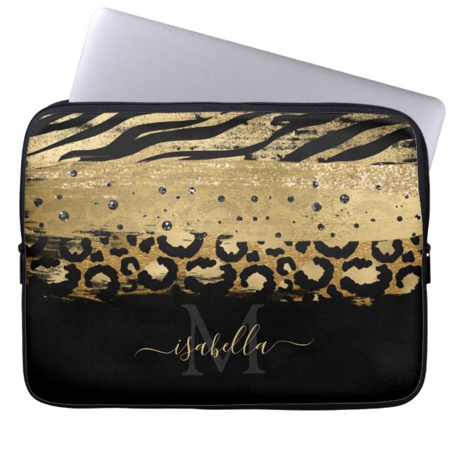 Monogrammed Black Gold Elegant Script Gold Laptop Sleeve (Front)