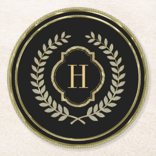 Monogrammed Black & Gold Glitter Wreath Crest Round Paper Coaster