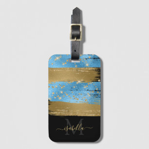 Monogrammed Black Gold Script Blue Gold Luggage Tag