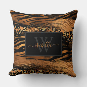 Monogrammed Black Gold Script Copper Cushion