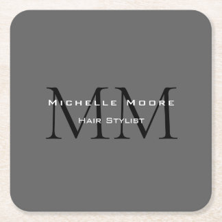 Monogrammed Black Grey Calligraphy Square Paper Coaster