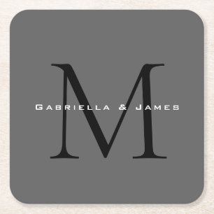 Monogrammed Black Grey Calligraphy Square Paper Coaster