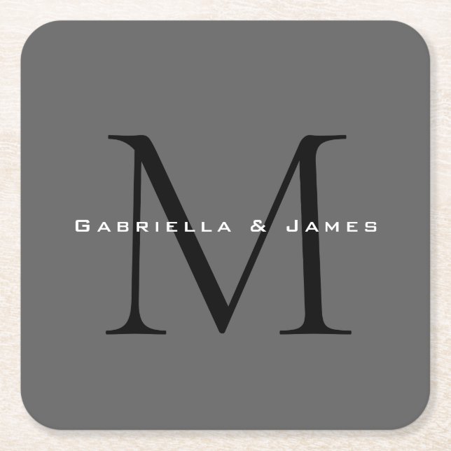 Monogrammed Black Grey Calligraphy Square Paper Coaster (Front)