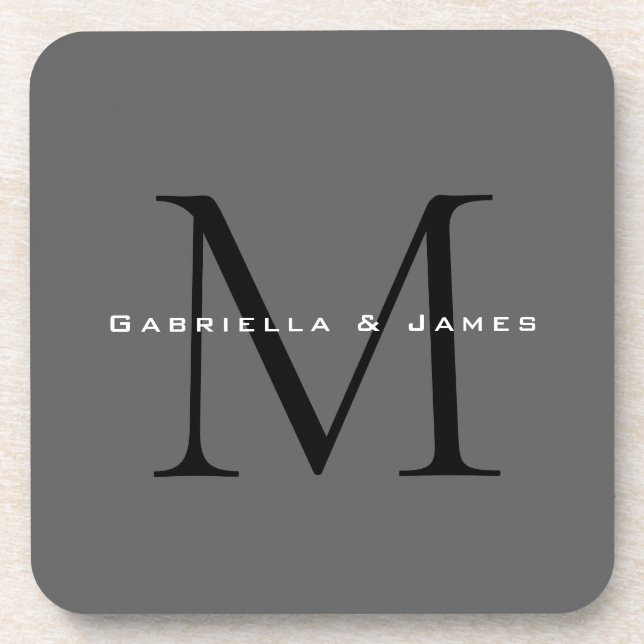 Monogrammed Black Grey Calligraphy Wedding Coaster (Front)