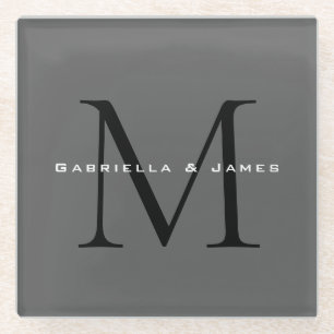 Monogrammed Black Grey Calligraphy Wedding Glass Coaster