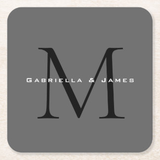 Monogrammed Black Grey Calligraphy Wedding Square Paper Coaster