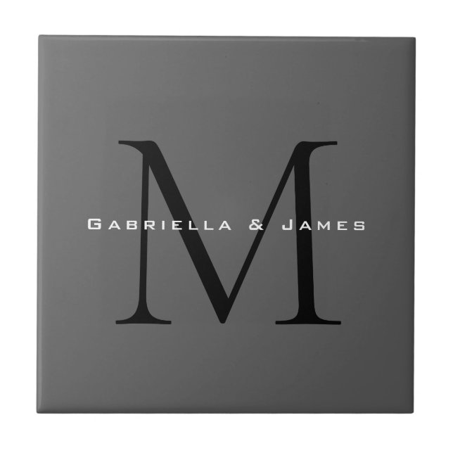 Monogrammed Black Grey Calligraphy Wedding Tile (Front)