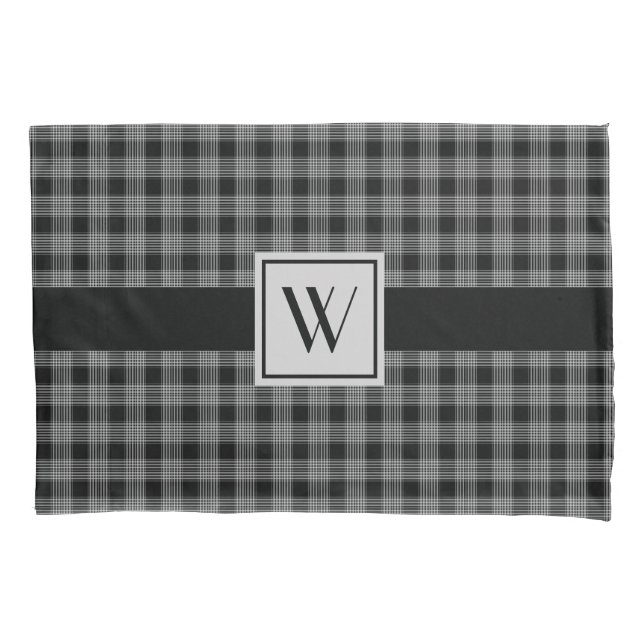 Monogrammed Black & Grey Chequered Plaid Pattern Pillowcase (Front)