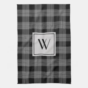 Monogrammed Black & Grey Chequered Plaid Pattern Tea Towel
