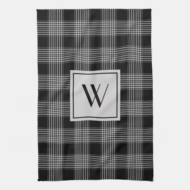 Monogrammed Black & Grey Chequered Plaid Pattern Tea Towel (Vertical)