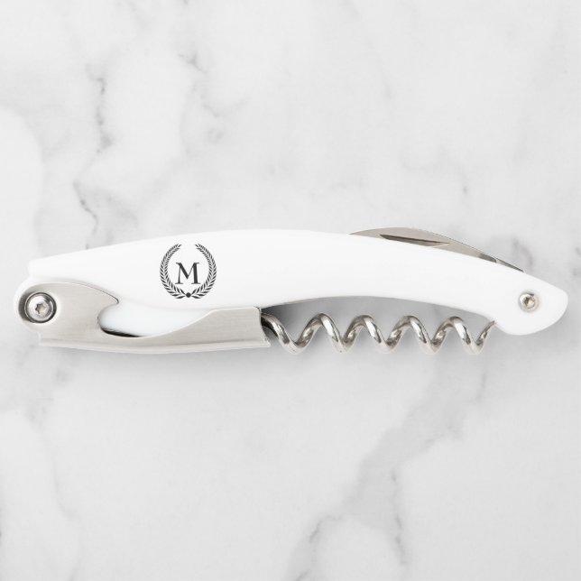 Monogrammed Black Laurel Wreath Corkscrew (Front)