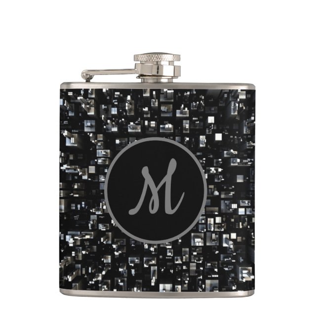 Monogrammed Black Metal Mosaic Hip Flask (Front)