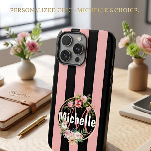Monogrammed black pink stripes pattern with Flower iPhone 16 Pro Max Case