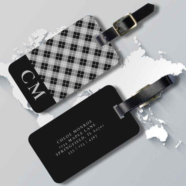 Monogrammed Black Plaid Modern Simple Initials Luggage Tag (Creator Uploaded)