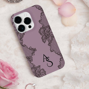 Monogrammed Black Purple Floral Lace  iPhone 14 Pro Case